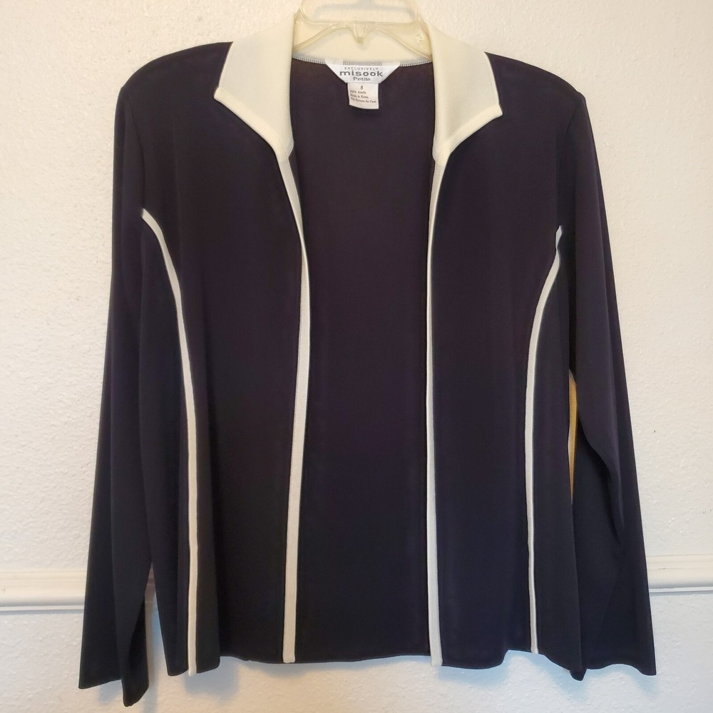Misook Petite Navy Blue Cream Open Front Knit Jacket Cardigan Shoulder Pads S